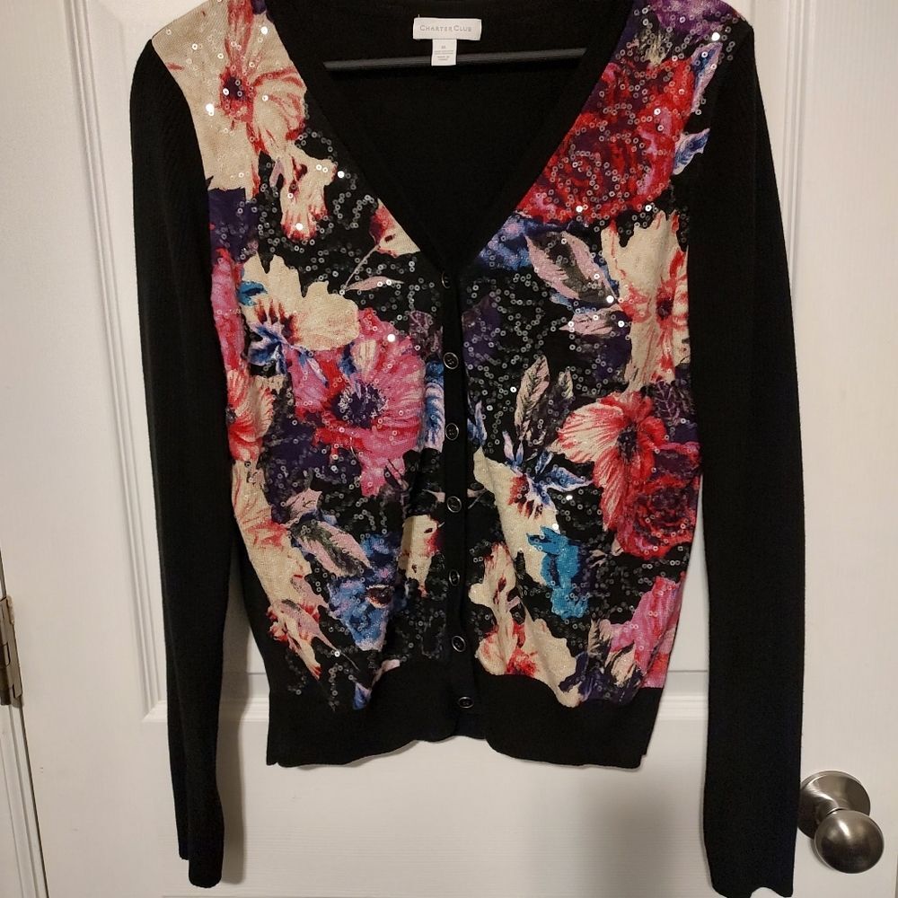 Charter Club Women's XL Cardigan Flower Pattern Clear Sequin Elegant Classic